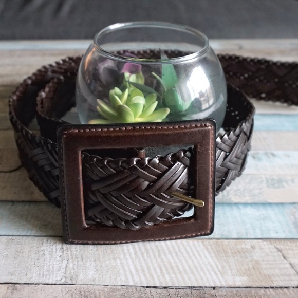 Accessories - Dark Brown Large Buckle Woven Braid Leather Belt